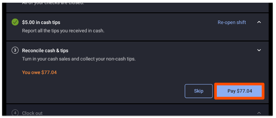 Pay button on reconcile cash tips step of shift review