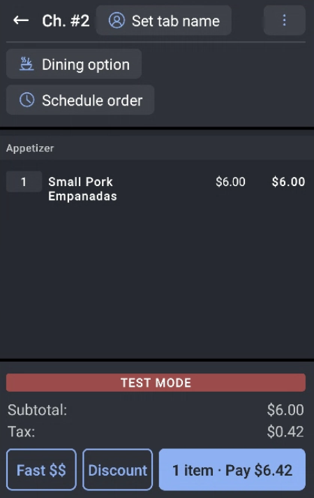check showing small pork empanada for $6.00, tax of $0.42, total cost of $6.42