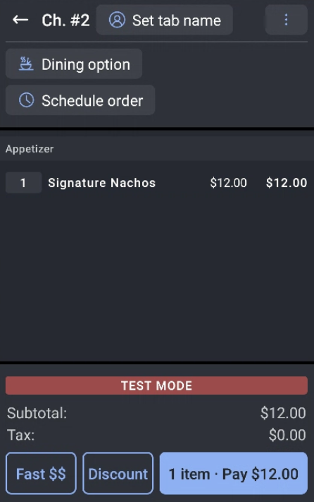 check showing signature nachos for $12, tax $0, total $12.