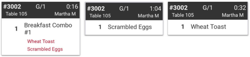Screenshots of 3 KDS screens. One shows the Breakfast Combo #1 with the modifiers