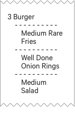 ticket mockup that is split up as follows: 3 Burger / Medium Rare Fries / Well Done Onion Rings / Medium Salad