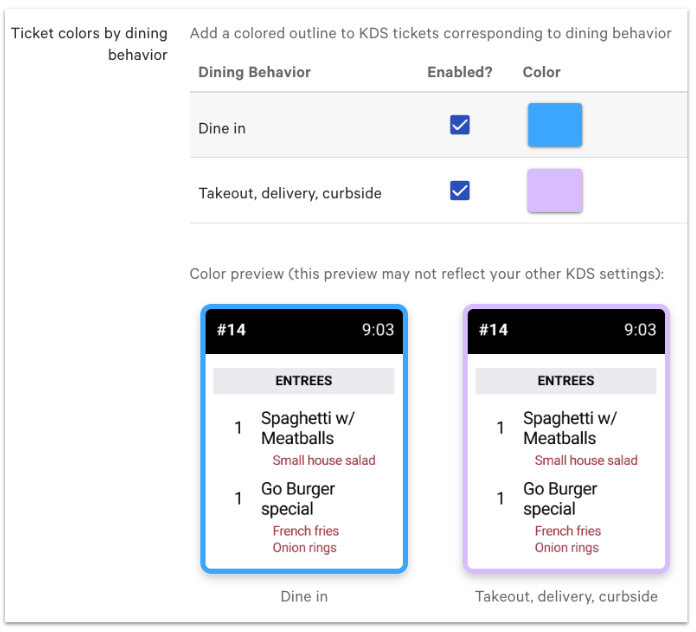 Ticket colors by dining behavior setting. Blue is selected for dine in orders, and purple is selected for takeout, delivery, and curbside orders. An example of each ticket is shown, and the chosen color (blue and purple) is shown as the outline of each ticket.
