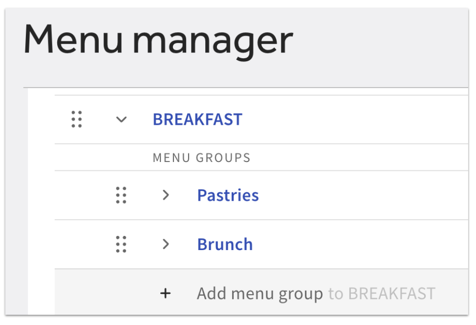 Breakfast menu showing a Pastries and Brunch menu group