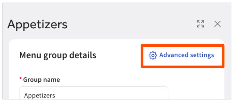 Advanced settings button next to the "Menu group details" header at the top of the settings panel in the menu manager