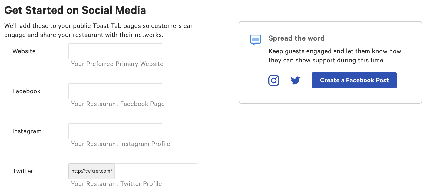 Restaurant info social media link
