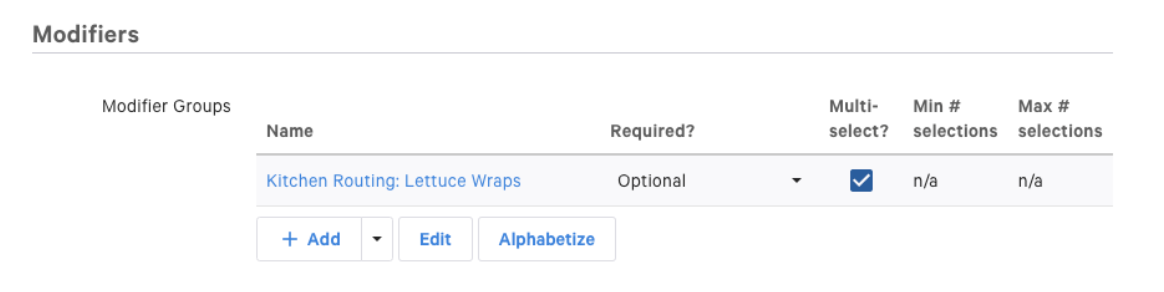 modifier details page with new modifier group named "kitchen routing: lettuce wraps"