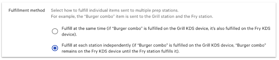fulfillment method setting with two options: fulfill at same time, or fulfill at each station independently