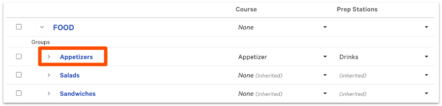 advanced properties page with appetizer group selected
