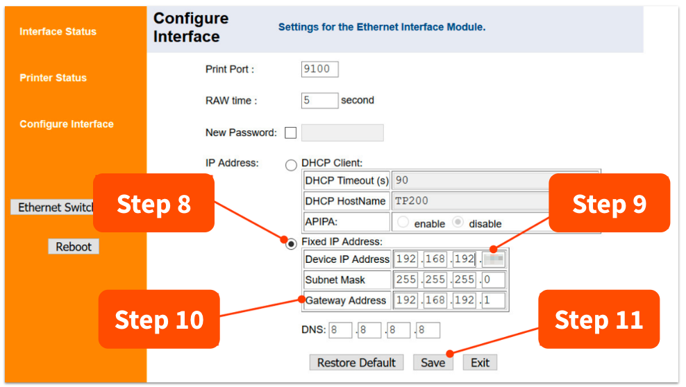 Labeled screenshot of configure interface fields
