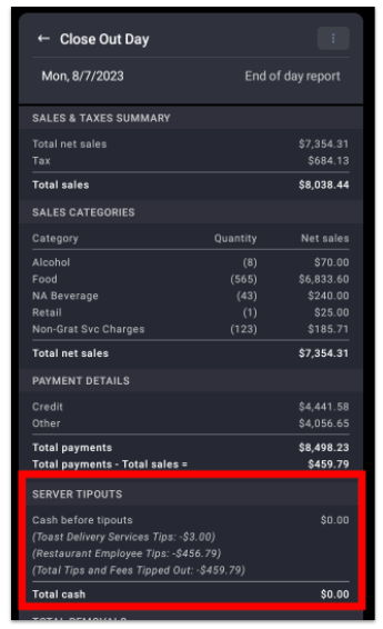 screenshot of close out day report showing TDS tips