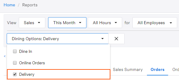Toast Web dining option filters.