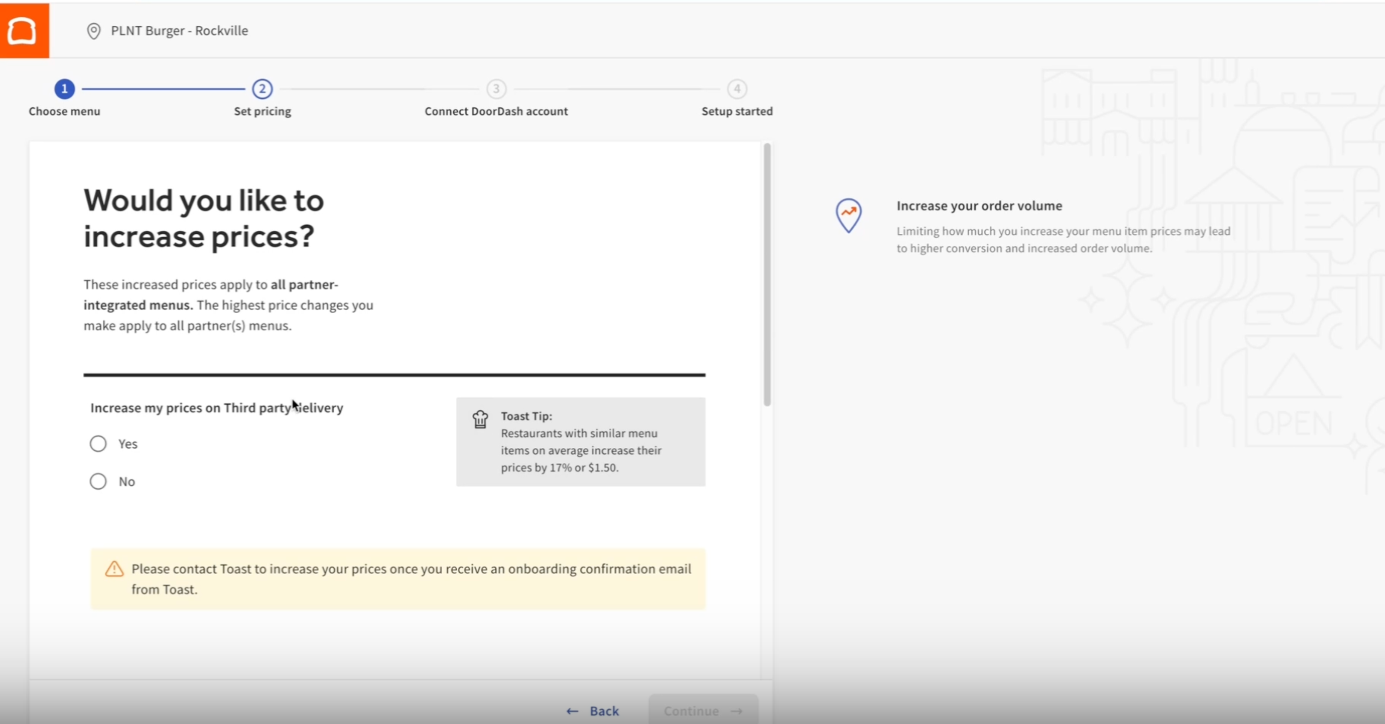 "Would you like to increase prices?" page