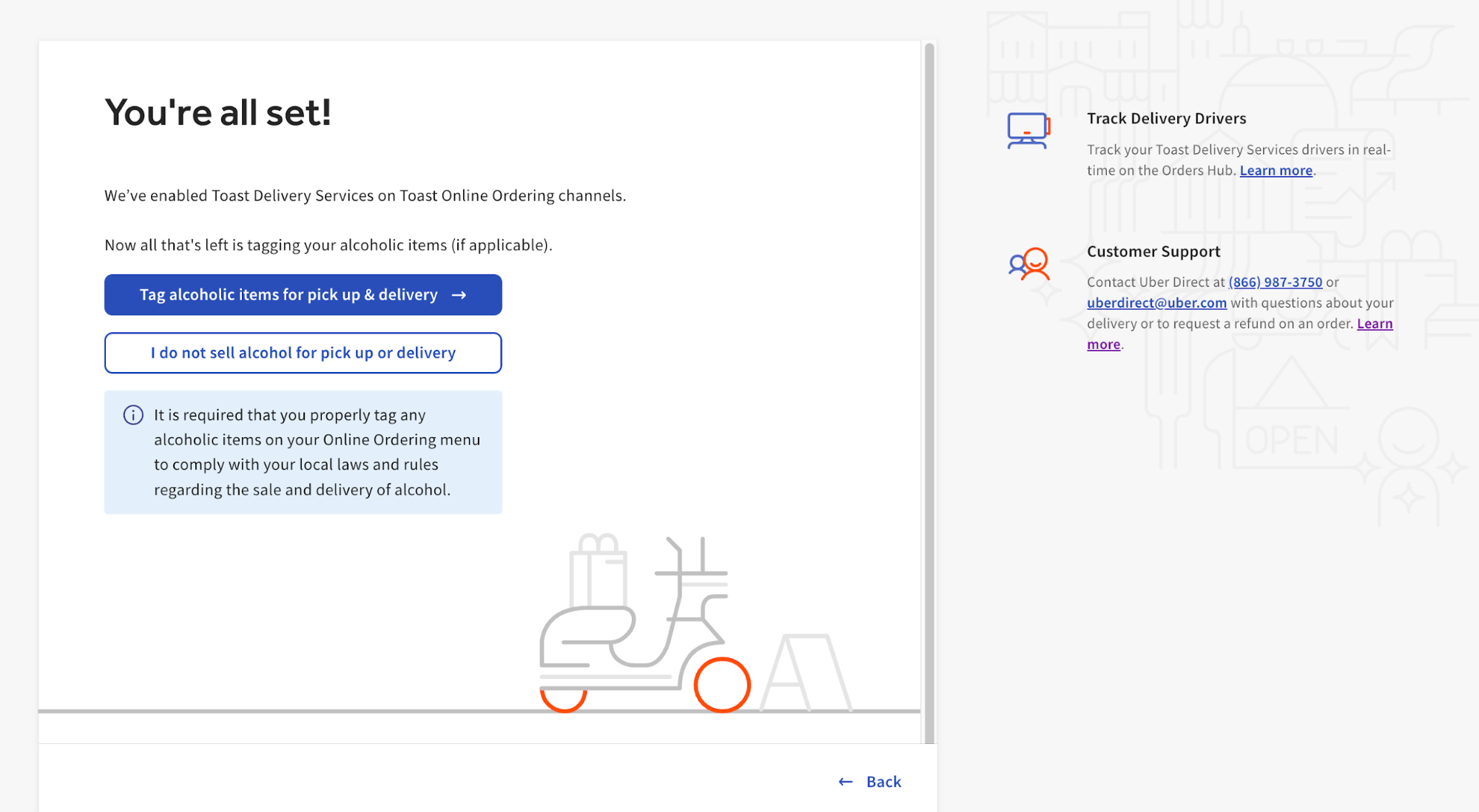 Toast Delivery Services onboarding set up with alcohol delivery.