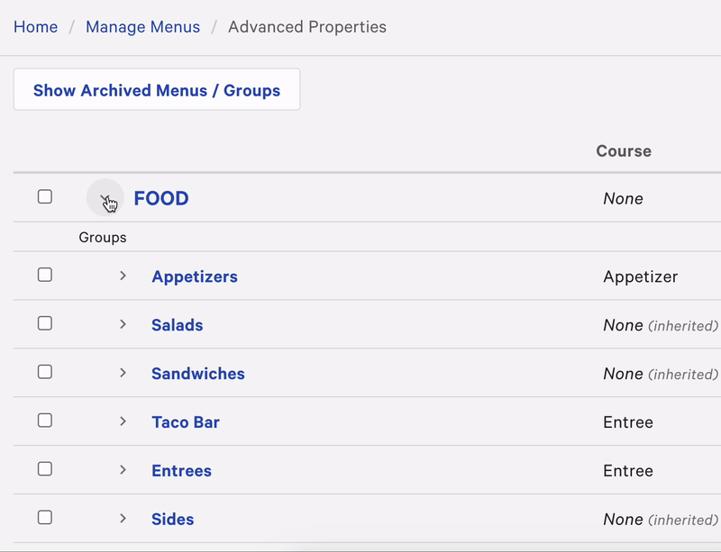 Expanding sections of a menu using the arrows on the advanced properties page