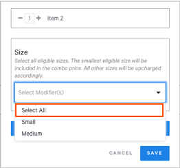 example of size-based price combo discount, where "select all sizes" is chosen