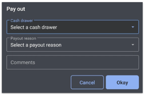 select cash drawer and payout reason