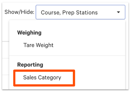 show/hide drop-down expanded with sales category highlighted
