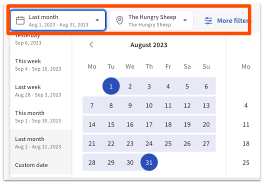 calendar picker and location drop-down