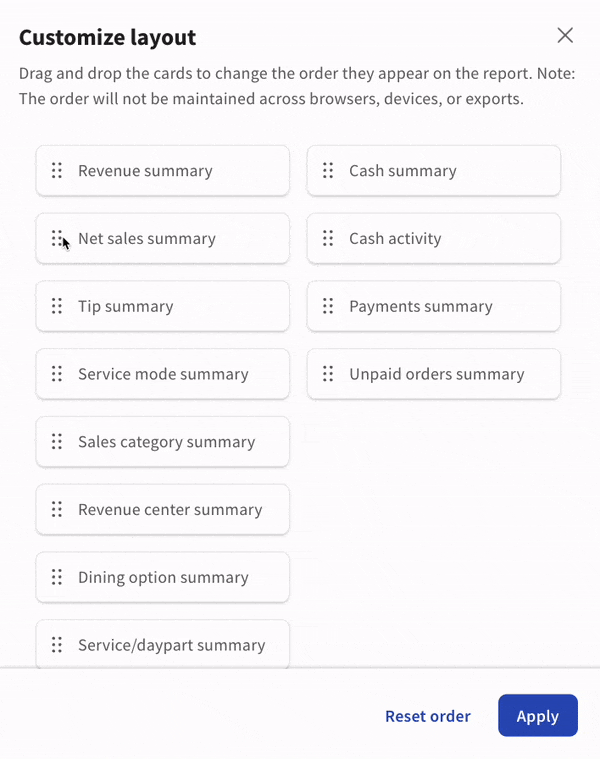 demonstration of Sales Summary card reordering (click and drag)
