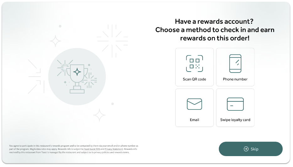third-party loyalty check-in screen with options to scan QR code, enter phone number, email, or swipe loyalty card