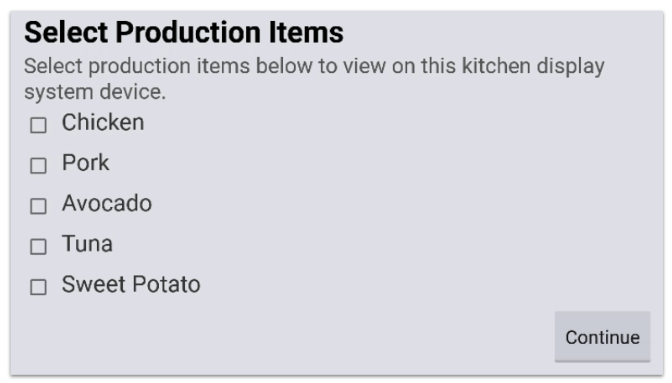 Select Production Items Dialog