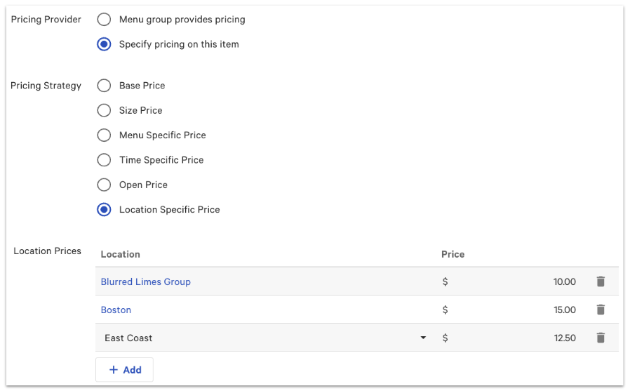 Pricing settings on item details page (pricing provider, pricing strategy, location prices)