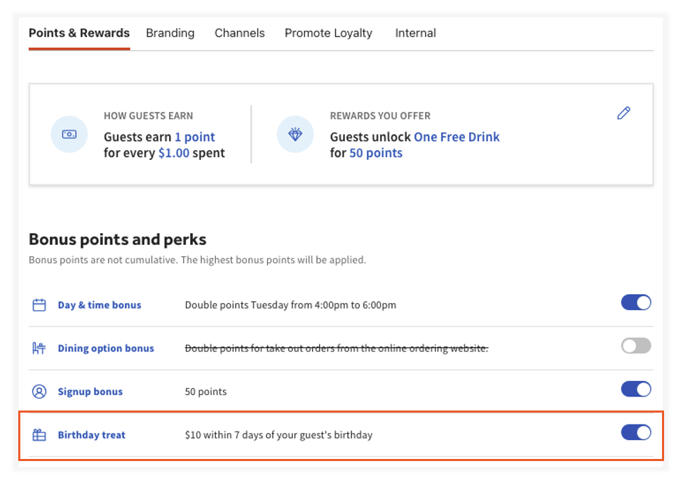 Toast Birthday rewards enablement in Toast Web.