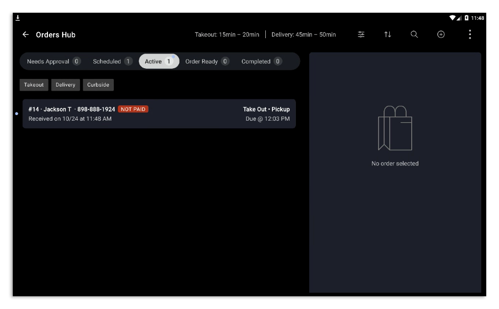 Orders Hub dashboard shows an order that is not paid