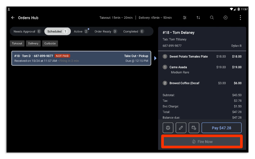 Orders hub dashboard, and an order that is not paid, being scheduled to fulfill in the future.