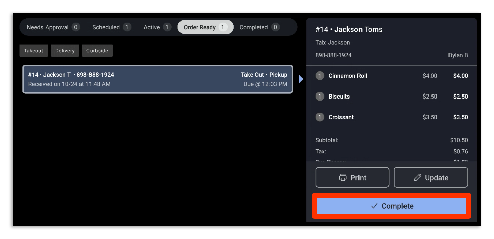 Orders hub dashboard and an order that is not paid, paid completed.