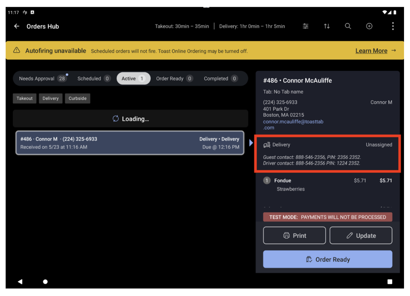 Orders Hub Uber Eats guest and driver information.