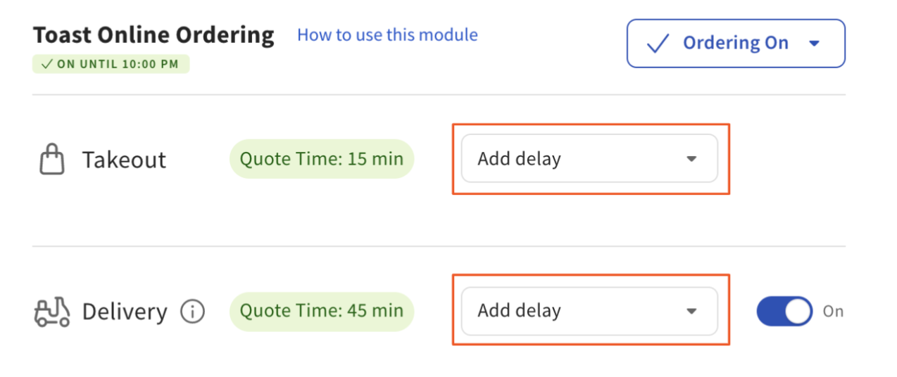 Set up quote times for takeout and delivery.
