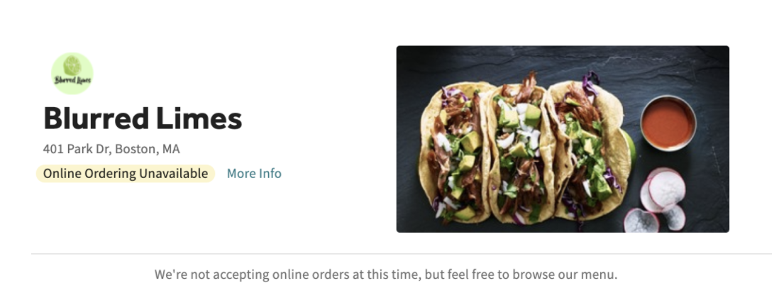 Example display on online ordering page when snooze