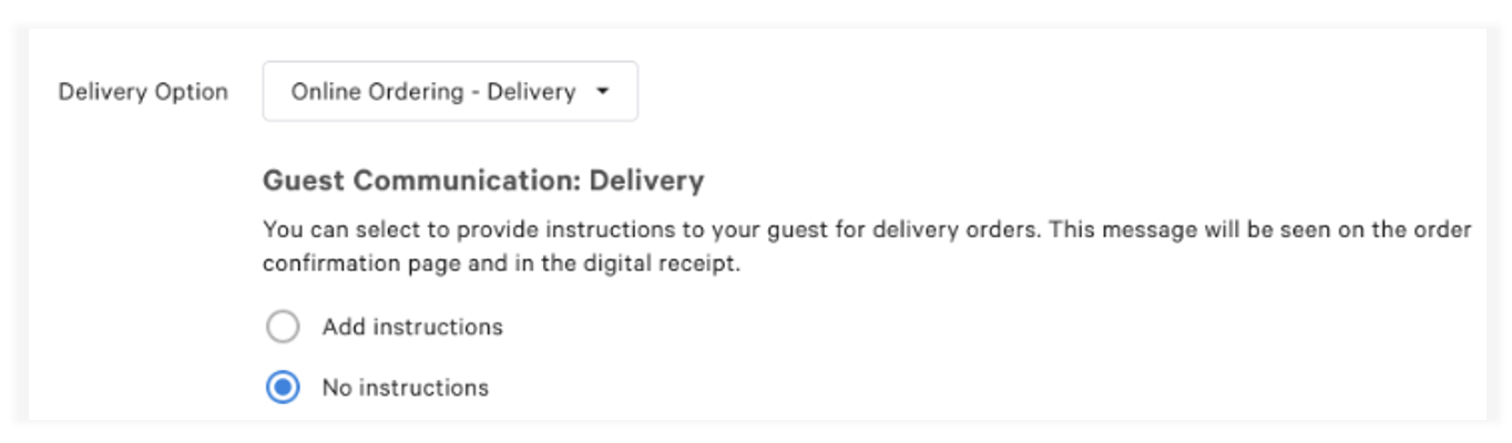 Online ordering setup page > Delivery Option