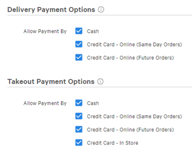 Delivery and Takeout Payment options for Toast Online Ordering.