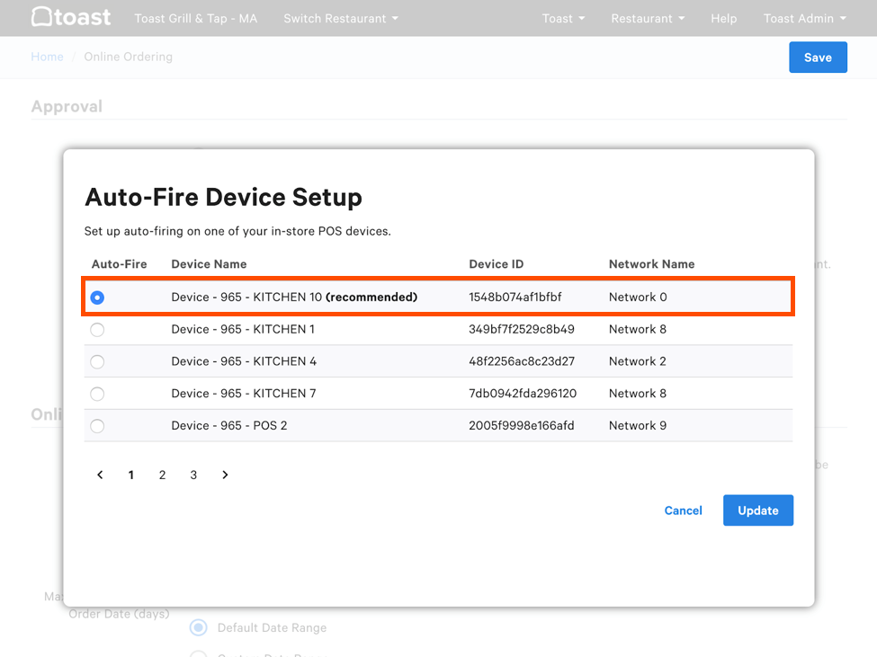 Example of an auto-fire settings update in Toast Web.