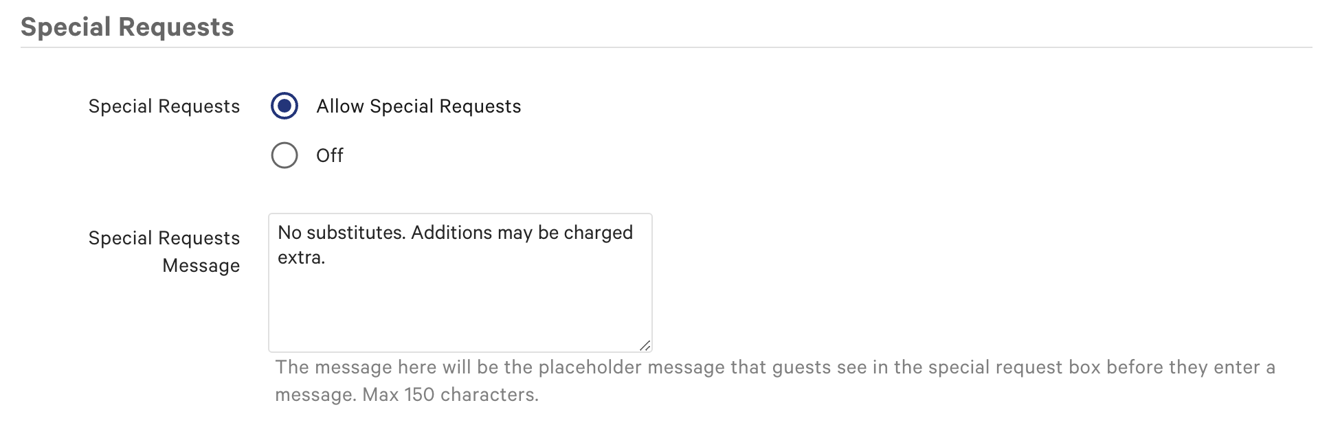 Enabling special requests for Online Ordering.