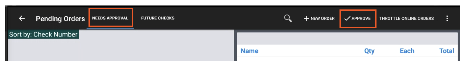 Pending order section of the Toast POS with Need Approval and Approve highlighted.