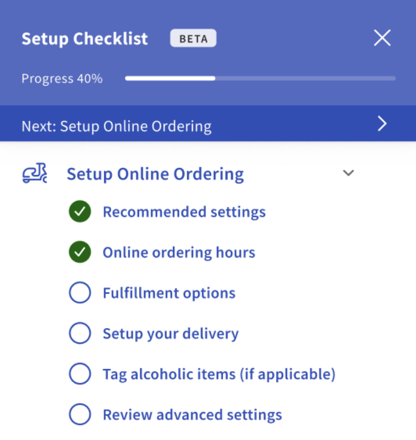 Toast Delivery Services® and Toast Online Ordering consolidated onboarding checklist in Toast Web.