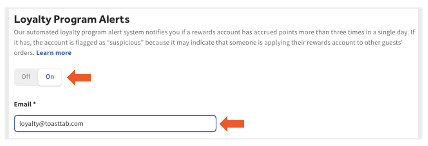 Loyalty notifications enablement email address is highlighted