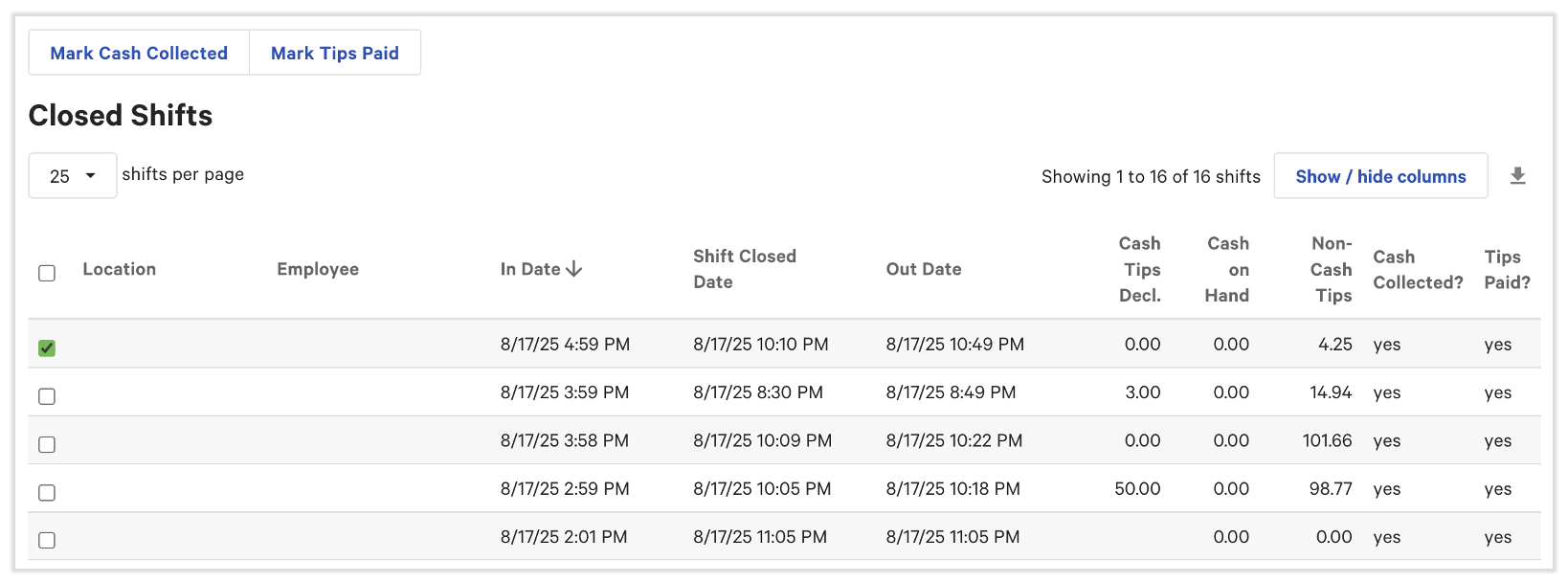 Closed Shifts section of the Shifts report