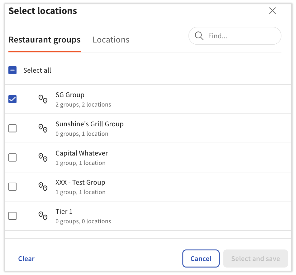 Location pop-up showing different restaurant groups and locations