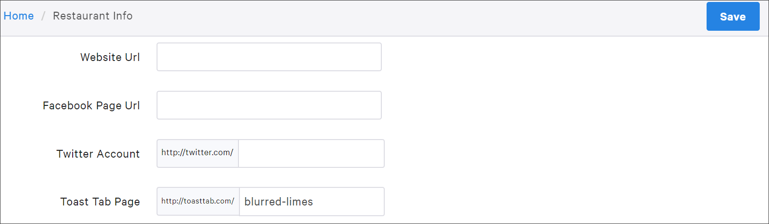 In Toast Web Takeout & delivery>Restaurant Info>Section for social media links.