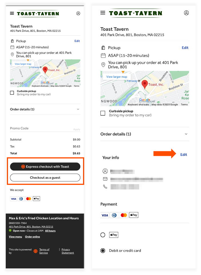 Toast Online Ordering checkout screen where a guest can edit their information.