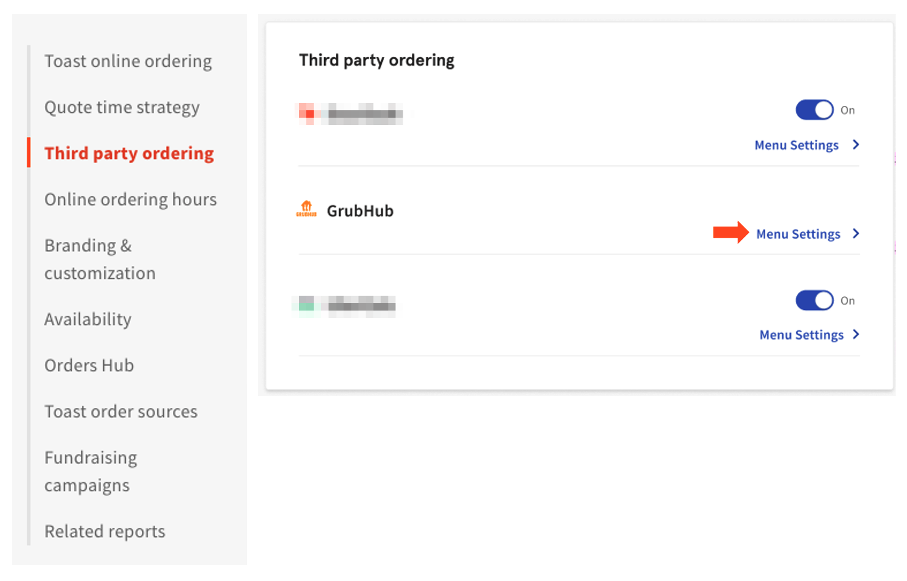 Grubhub section under Third Party Ordering