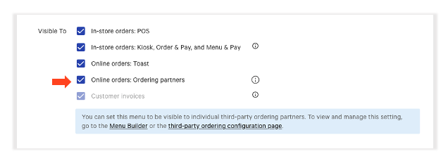 Online ordering partners menu visibility selection.
