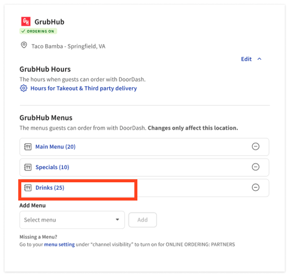 Menu selection in the Grubhub configuration page in Toast Web.