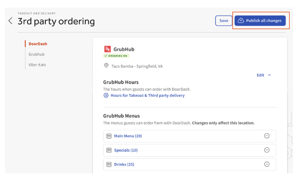 Save and publish menu settings for the Grubhub configuration.