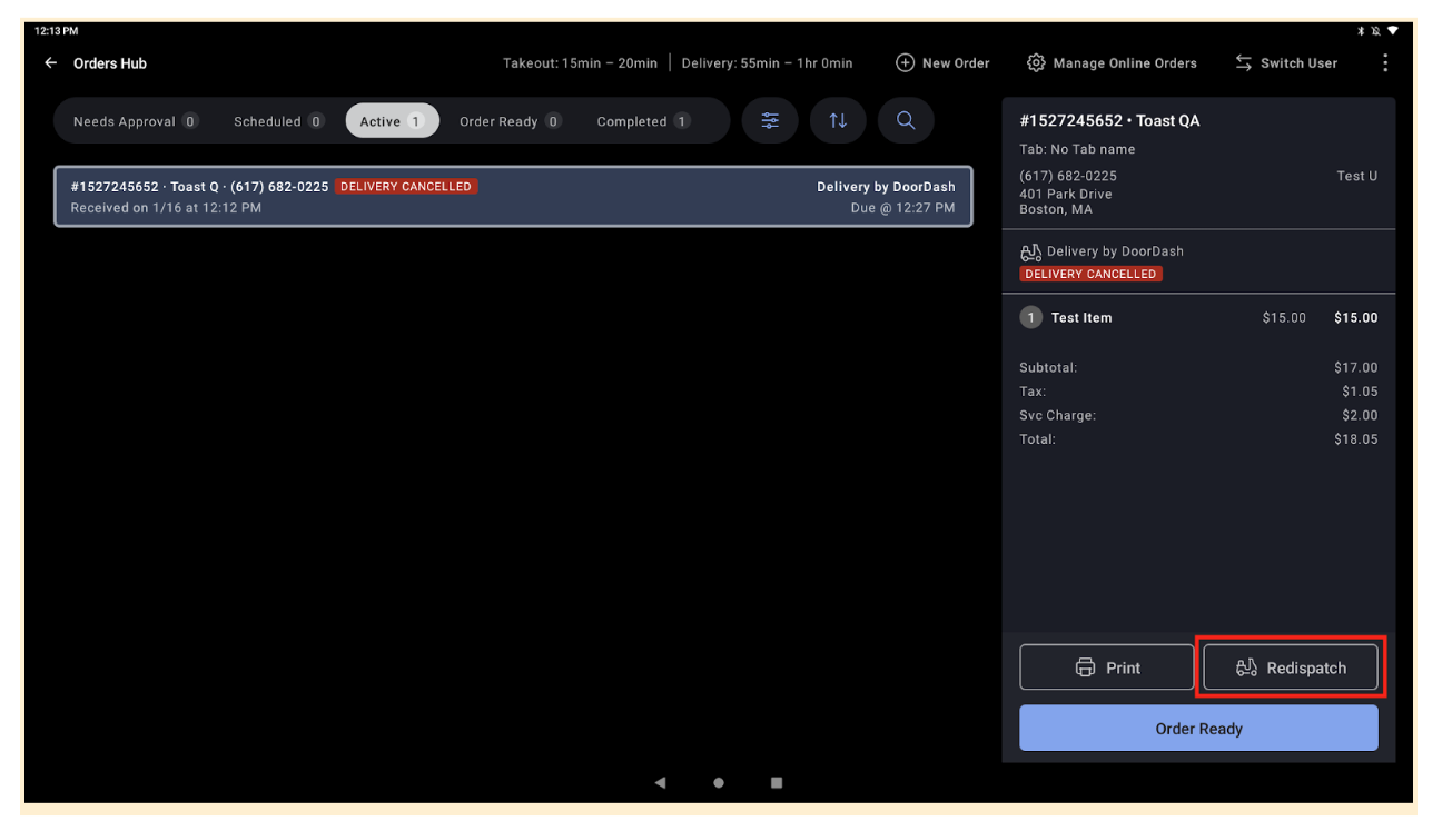 Toast POS view of a cancelled Toast Delivery Services order with the option to redispatch highlighted