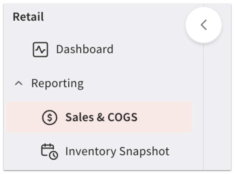 Toast Retail navigation showing Sales & COGS and Inventory Snapshot under the Reporting section